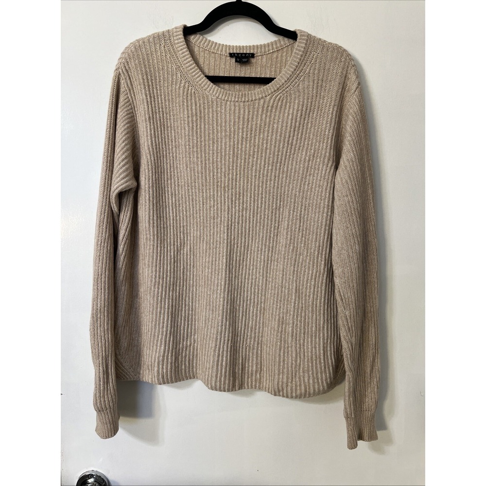 theory beige knit‎ Ribbed sweater long sleeve Large Cashmere Blend Pullover